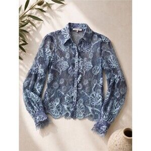 Alexis Floral Lace Blouson Sleeve Sheer Button Front Silk Blouse Romantic XS